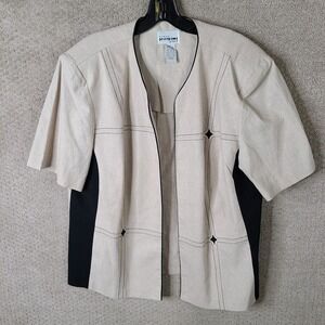 Vintage Perceptions Jacket Womens 14W Beige Black Linen Blend Blazer‎ Open Front
